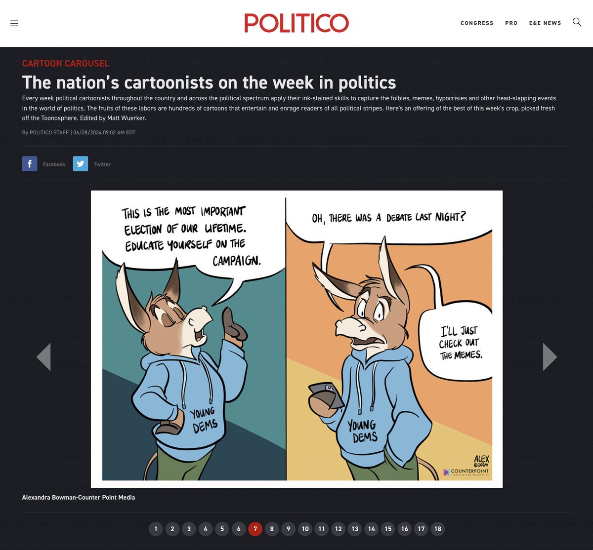 scripta_bene's tweet photo. I am honored to have had my first cartoon in @newcounterpoint also published by @politico in this week's Cartoon Carousel!

See my cartoon and 16 wonderful others here: https://t.co/SrdW5TDufi

#politicalcartoon #politics #genz #debate #biden #trump https://t.co/sIgnjPNK98