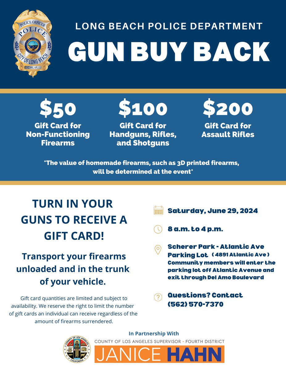 LBPD's tweet image. Have an unwanted firearm?

We’ll be at Scherer Park tomorrow for our Gun Buy Back event.  Stop by to anonymously turn the firearm in and receive a gift card!   

📅Saturday, June 29 
⌚️8 a.m. - 4 p.m. 
📍Scherer Park 

#LBPDSafety #LBPD