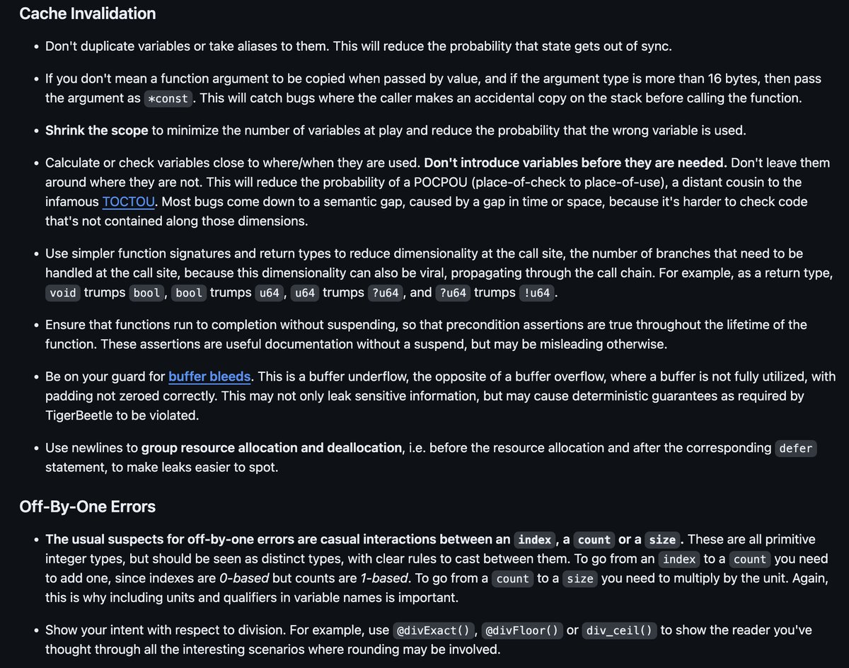 the tigerbeetle repository is literally a GOLD MINE of alpha -- like this document on their approach to style, elegance, performance, caching, memory safety etc

it's filled to the brim with gems:
github.com/tigerbeetle/ti…