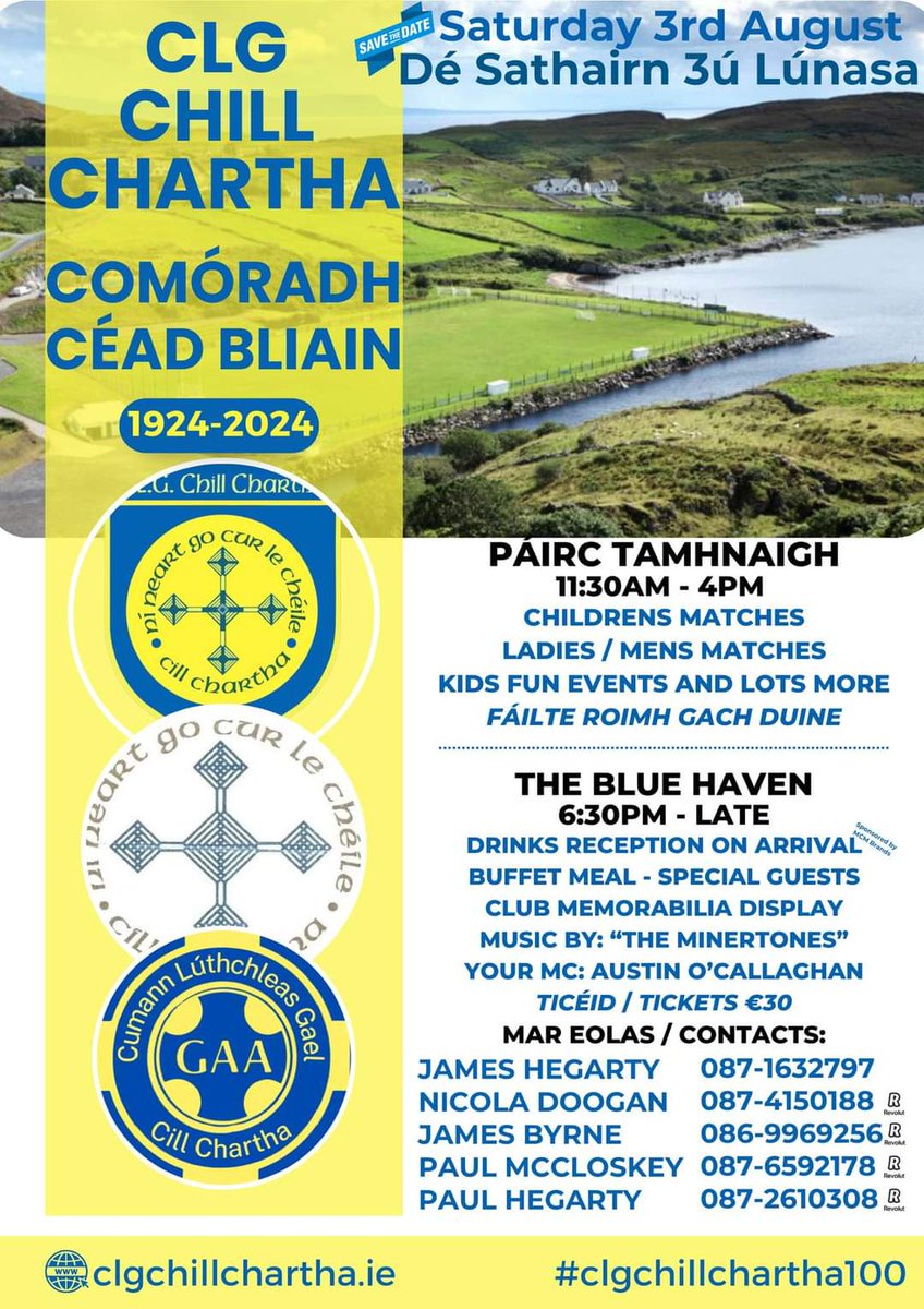 CLGChillChartha's tweet photo. Tickets for the Centenary Celebrations evening in The Blue Haven will be on sale in The Tea Rooms at tomorrow evenings league match against St Michaels. 

We will be have a few evenings selling tickets over the next few weeks we will advertise this shortly, you can also contact one of the names on the poster if you want to purchase.