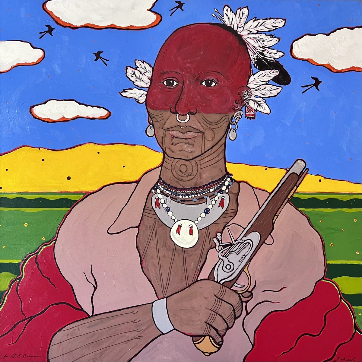 lokosh_saya's tweet photo. Chokkilissa’, 25 March 1736, for T. C. Cannon. Diptych, acrylic on canvas, each image 48”x48”. #chikasha #chikashsha #lokosh #newwork #acryliconcanvas #chickasaw #nannikbi’ #maker #alwaysbemaking #mississippi https://t.co/z4FUxasCCH