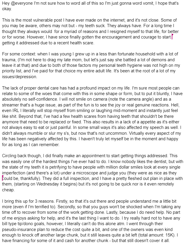 apDrop's tweet image. I made a vulnerable post about my dental health and where I'll be putting any support in my stream for the foreseeable future. If you're interested in that aspect of my life and/or want to help here's the post from Discord explaining everything.