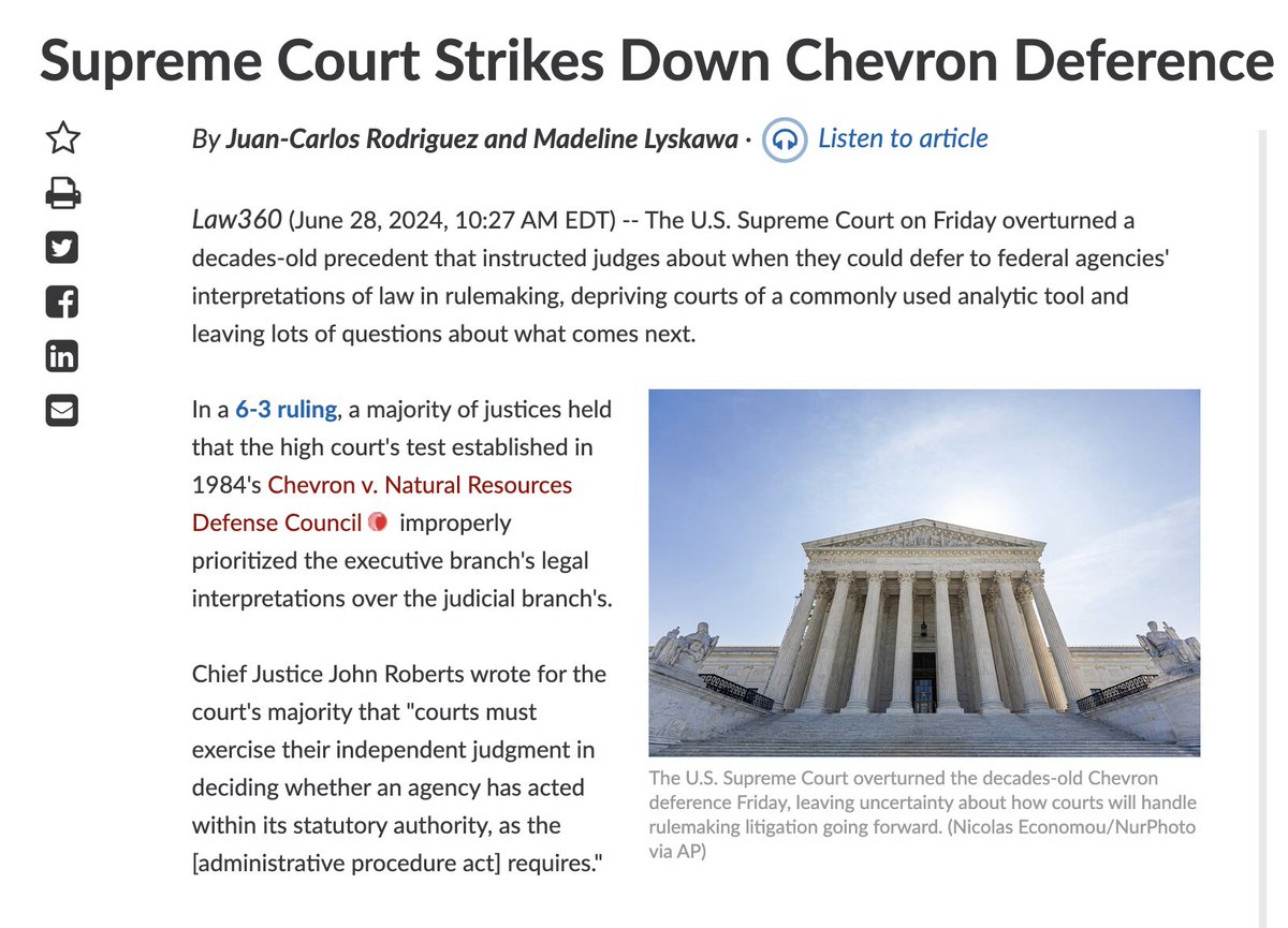 Another body blow to the Administrative State. The Supreme Court just threw out the 1984 Chevron doctrine. Judges no longer have to defer to rules made by government bureaucrats that are not backed up by laws. This is how Framers of the Constitution envisioned it. Lawmakers pass