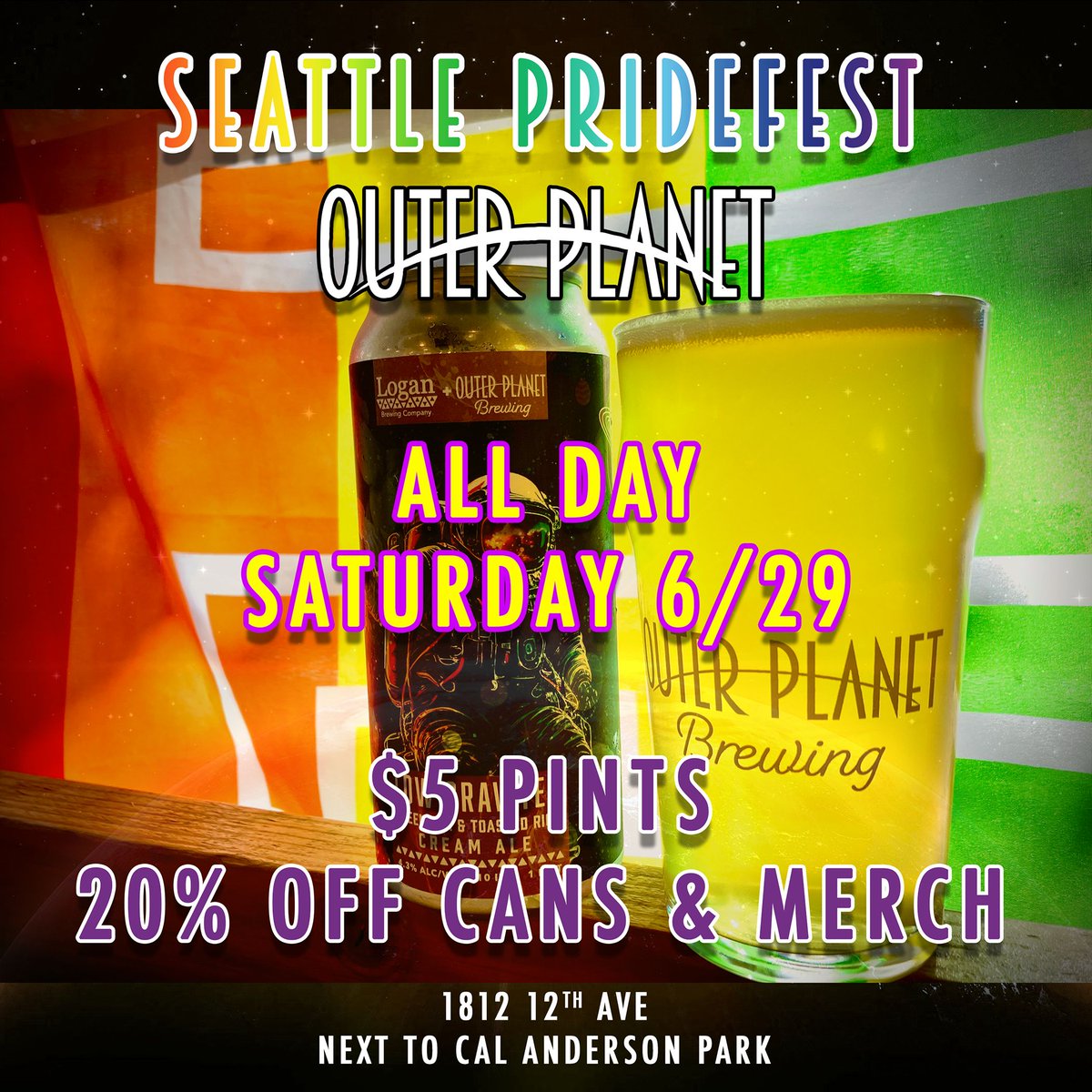 Last weekend of Pride month, with #PrideFest Capitol Hill on Saturday! To celebrate, we are doing $5 pints and 20% off cans &amp; merch *ALL DAY* 🍺 🏳️‍🌈 🎉  Stop by our taproom on 12th &amp; Denny, just one block from Cal Anderson Park 🌳 🚋  
#pride #pridefest #seattlepride