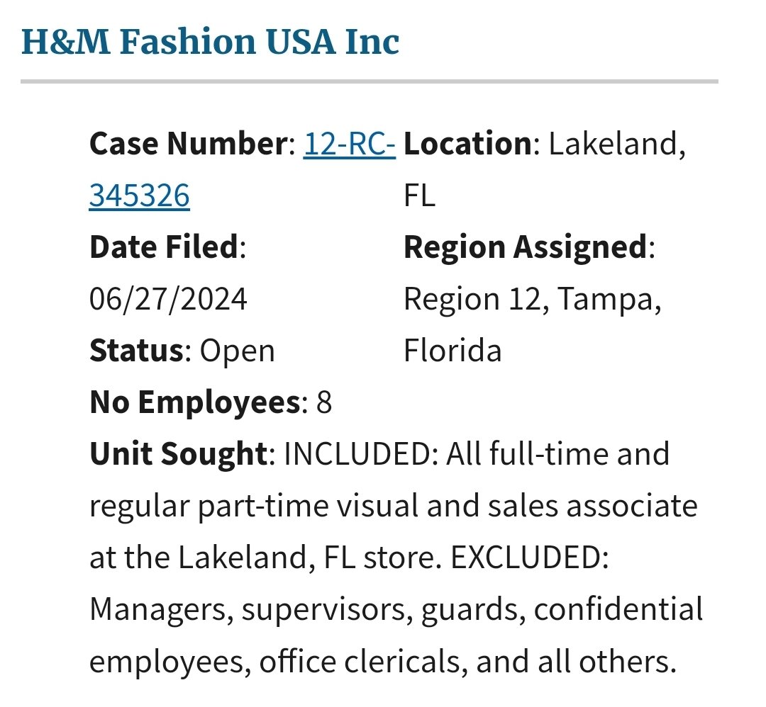 UnionElections's tweet image. BREAKING: 8 workers at H&amp;amp;M in Florida are unionizing with @UFCW