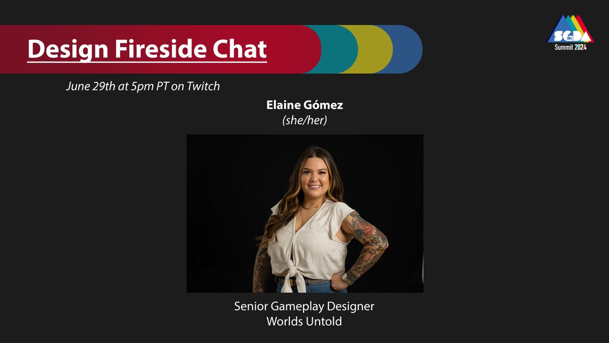 Our final Saturday event is the Design Fireside Chat!  We're happy to have Elaine Gómez join us to talk about all things design!
The Design Fireside Chat will take place June 29th at 5pm PT on Twitch!