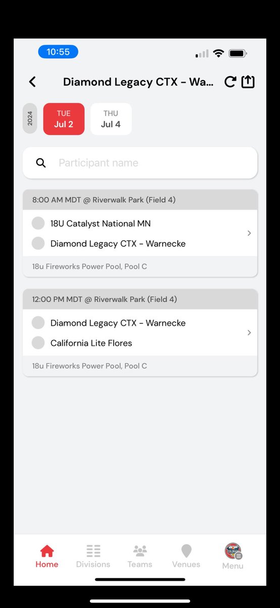 Here’s my teams schedule at the <a href="/COSparkFire/">CO 4th of July</a> !!! Looking forward to a fun week with great competition in the power pool🙌🏽 I’ll also be in a showcase game July 1st @10am 
Christopher field #2 Team 12 
3rd base dugout. Come out and support!!! <a href="/LegacyCTX18U/">Diamond Legacy CTX - Warnecke</a>
