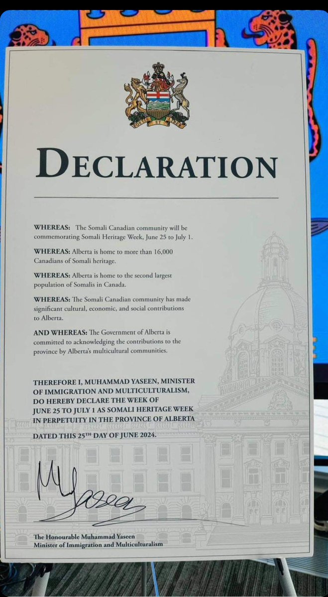 SamanMohamed_'s tweet image. Thank you @ABDanielleSmith and Minister @yaseenUCP for declaring June 25 to July 1st as Somali Heritage Week. 

This recognition is a significant step in celebrating the rich cultural contributions of the Somali community in Alberta. 

Somalia Hanolato!
