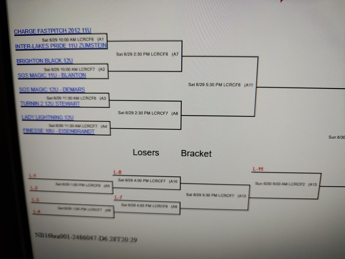 SgsShootout's tweet photo. The U-12 seeding is complete.
#1  Lady Lightning
#2  Brighton Black 
#3  Charge Fastpitch 2012
#4  SGS Magic - Demars
#5  Turnin' 2 - Stewart
#6  Interlakes Pride - Zumstein
#7  SGS Magic - Blanton
#8  Finesse 10U - Eisenbrandt https://t.co/Ywak3Xu7Kj