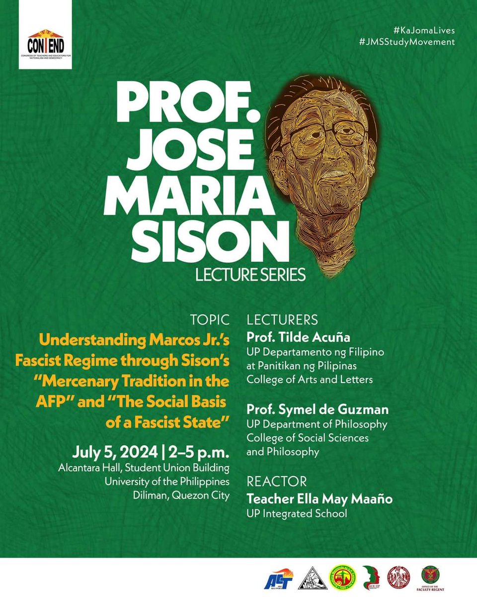 CONTEND_UP's tweet photo. PROF. JOSE MARIA SISON LECTURE SERIES: Understanding Marcos Jr.'s Fascist Regime through Sison's "Mercenary Tradition in the AFP" and "The Social Basis of a Fascist State"
#KaJomaLives
#JMSStudyMovement https://t.co/vWtb50mnmg