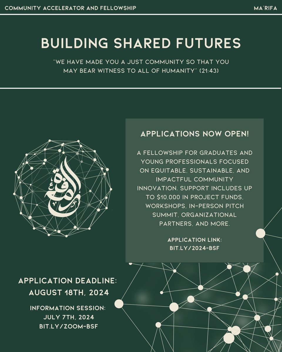 MarifaPrograms's tweet image. Applications for Building Shared Futures: Community Accelerator &amp;amp; Fellowship are now open. Calling on recent graduates &amp;amp; young professionals to bring their creativity &amp;amp; expertise to incubate innovative projects that support Muslim communities. Apply at bit.ly/2024-BSF! 🌎