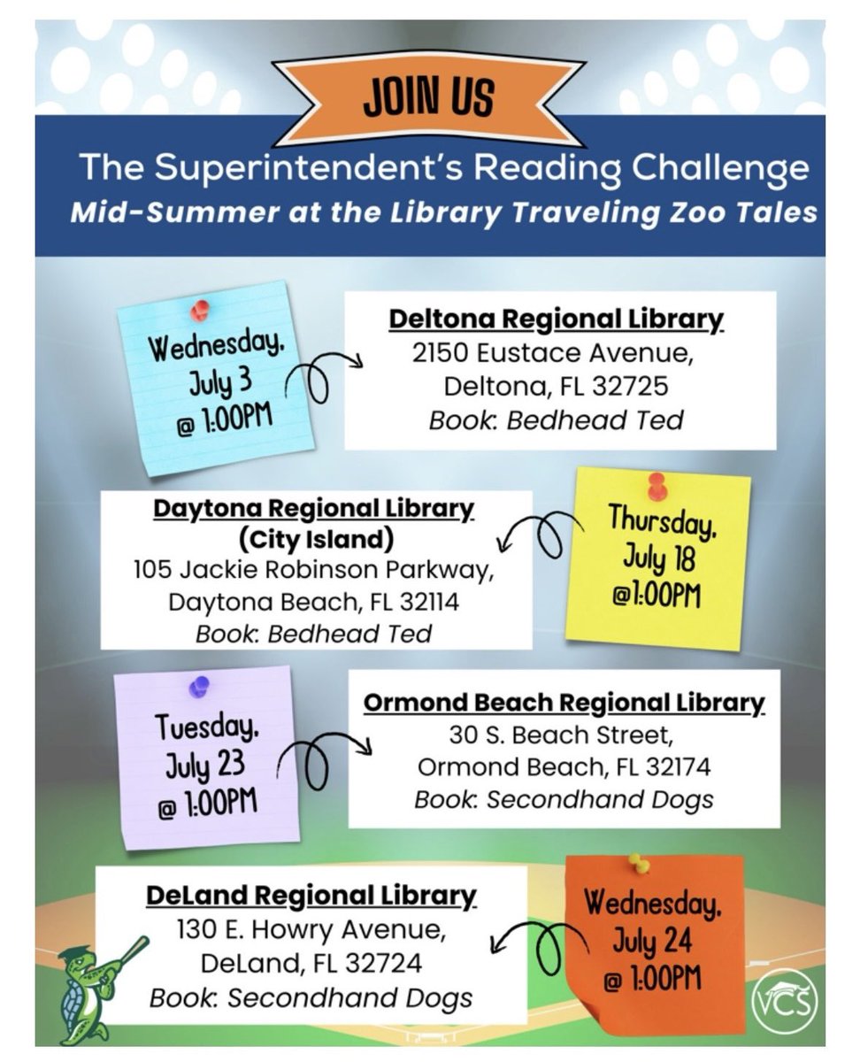 Citrus Grove Elementary, Deland FL (@citrusgrove_vcs) on Twitter photo Eagles <a href="/CitrusGrove_VCS/">Citrus Grove Elementary, Deland FL</a> at each event below <a href="/Centralflzoo/">Central Florida Zoo</a> will be presenting “Zoo Tales,” with a read aloud book and an animal for students to experience. Pizza and a drink are provided for students.
To register for the mid-summer reading events visit: forms.office.com/r/qfnpFTKL75 Eagles <a href="/CitrusGrove_VCS/">Citrus Grove Elementary, Deland FL</a> at each event below <a href="/Centralflzoo/">Central Florida Zoo</a> will be presenting “Zoo Tales,” with a read aloud book and an animal for students to experience. Pizza and a drink are provided for students.
To register for the mid-summer reading events visit: forms.office.com/r/qfnpFTKL75
