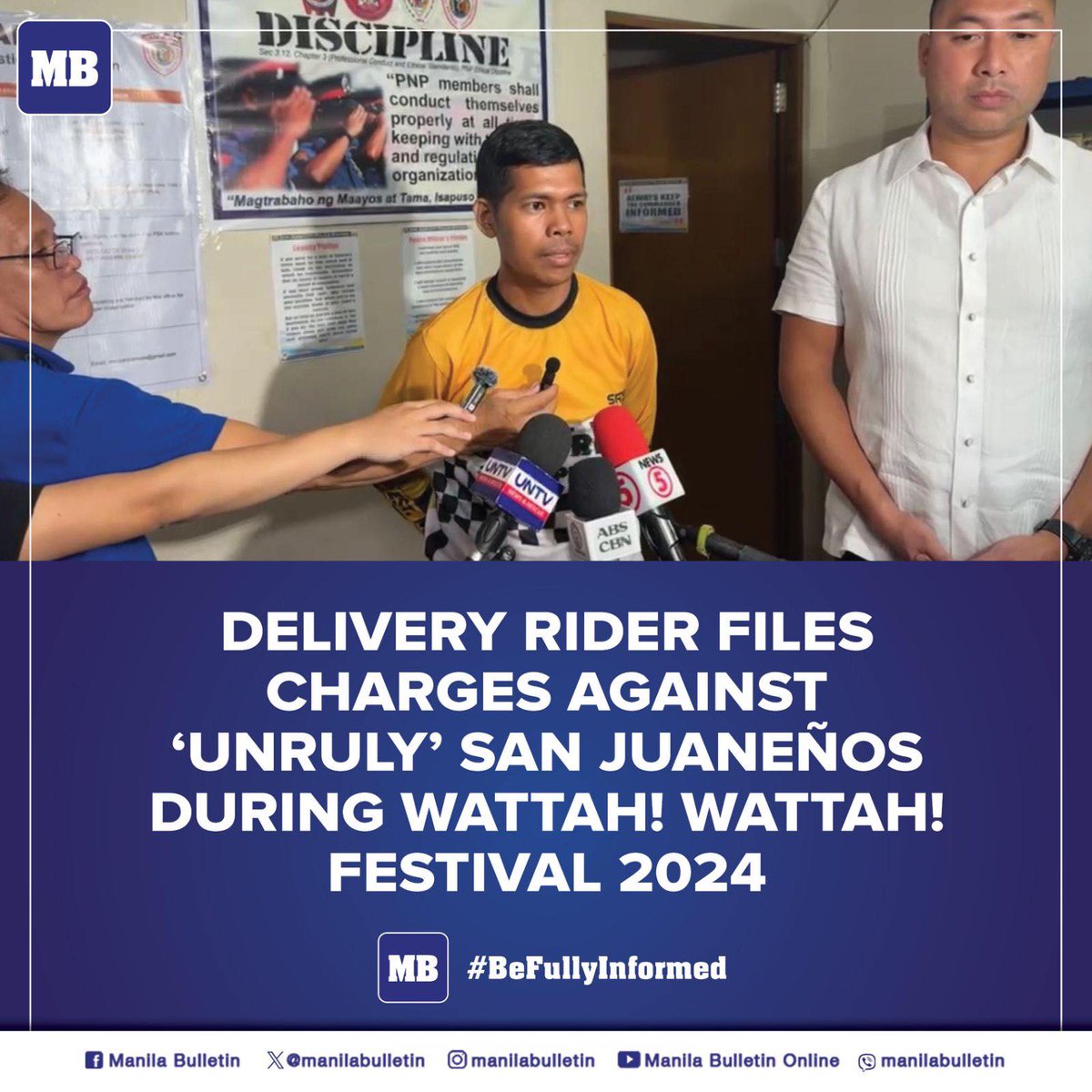 A delivery rider is the very first complainant to file criminal charges against some residents of San Juan City who allegedly became unruly during the conduct of the traditional "basaan" (water-dousing) on June 24.

READ: mb.com.ph/2024/6/29/deli…