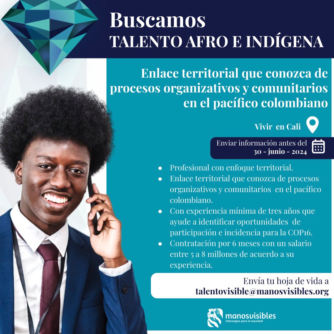 TalentoVisible's tweet photo. 🗣️Ayúdanos a compartir la información. Oportunidades laborales para el Talento afro e indígena en Cali. 

Aquí puedes leer los requisitos y en caso de aplicar pueda enviar su hoja de vida. El asunto de su correo debe indicar el nombre de la vacante. 

#TalentoVisible https://t.co/C9iZcJ1Egs