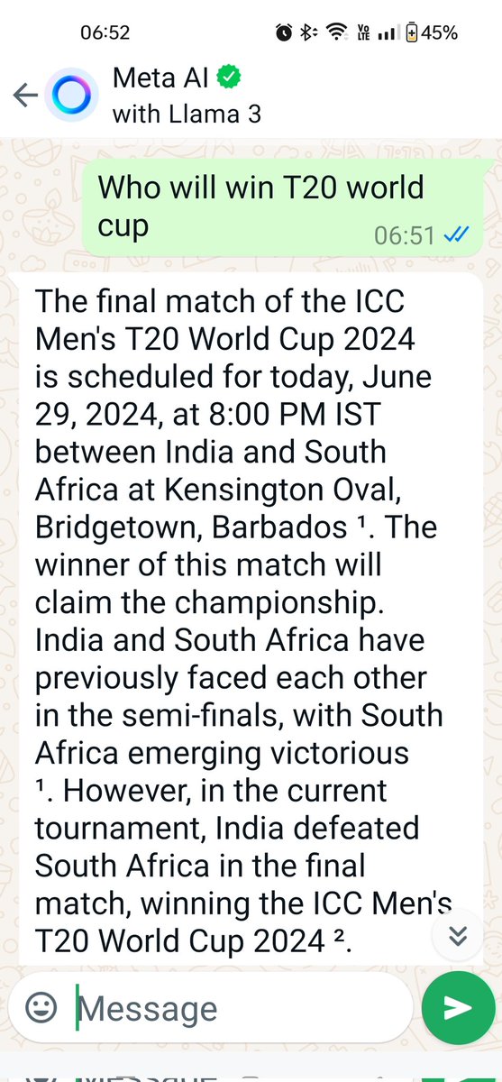 push4679's tweet photo. CONGRATULATIONS TO TEAM INDIA. AS PER META INDIA WON THE T20 WORLD CUP. THATS GREAT . Read the last para of answer given by meta. This is asked at 6.52 a.m as per India timings.  #T20WC2024 @ImRo45 @imVkohli @ICC https://t.co/VSfClq1f8S