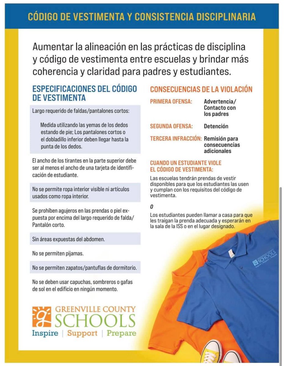 Hay un nuevo código de vestimenta en todo el distrito para el año escolar 24-25. Esta iniciativa tiene como objetivo establecer un enfoque más unificado y claro en todas nuestras escuelas. Las pautas y consecuencias se aplicarán durante todo el año escolar 24-25.