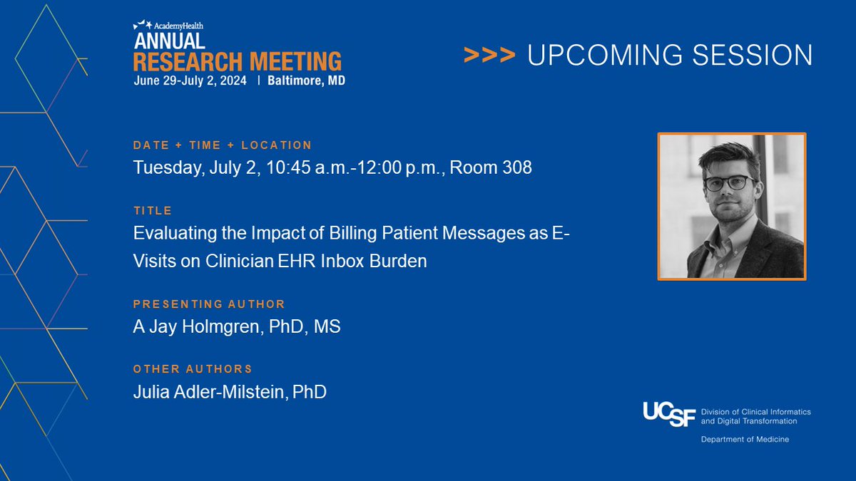 CLIIR-UCSF (@cliir_ucsf) on Twitter photo This morning's session on Digital Infrastructure for Care Delivery will feature presentations by <a href="/LisaRotenstein/">Lisa Rotenstein MD</a> <a href="/AJHolmgren/">A Jay Holmgren</a> and <a href="/NateApathy/">Nate Apathy</a> in a triple header of research on EHR use and burden post-COVID. <a href="/AcademyHealth/">AcademyHealth</a> #ARM24 This morning's session on Digital Infrastructure for Care Delivery will feature presentations by <a href="/LisaRotenstein/">Lisa Rotenstein MD</a> <a href="/AJHolmgren/">A Jay Holmgren</a> and <a href="/NateApathy/">Nate Apathy</a> in a triple header of research on EHR use and burden post-COVID. <a href="/AcademyHealth/">AcademyHealth</a> #ARM24