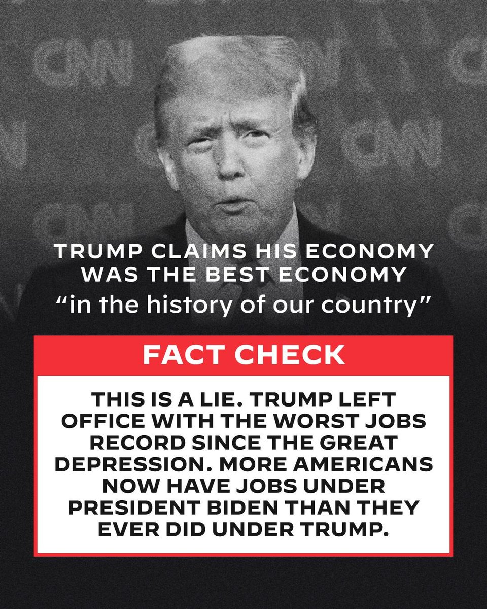 TheDemocrats's tweet image. FACT CHECK: Trump has an abysmal jobs record—leaving office with fewer jobs than when he entered office.

He keeps lying about the economy because he can’t handle being an utter, colossal failure.