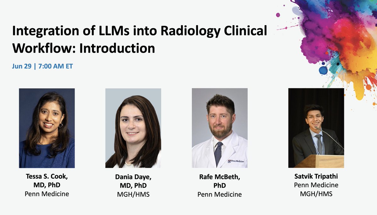 Satvik Tripathi (@satvikt_ai) on Twitter photo You don't want to miss this session!
Exploring some crucial components of #radiology #LLM research and ways of integration in the clinical workflow. #siim24
<a href="/asset25/">Tessa S. Cook MD PhD CIIP FSIIM FCPP FAAR</a> <a href="/DaniaDaye/">Dania Daye, MD PhD</a> <a href="/RafeMcbeth/">Rafe McBeth</a> <a href="/SIIM_Tweets/">SIIM</a> You don't want to miss this session!
Exploring some crucial components of #radiology #LLM research and ways of integration in the clinical workflow. #siim24
<a href="/asset25/">Tessa S. Cook MD PhD CIIP FSIIM FCPP FAAR</a> <a href="/DaniaDaye/">Dania Daye, MD PhD</a> <a href="/RafeMcbeth/">Rafe McBeth</a> <a href="/SIIM_Tweets/">SIIM</a>