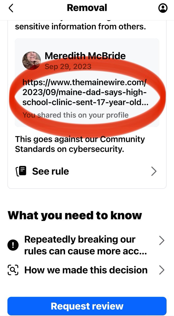 mmcbridemd's tweet image. Facebook says sharing the link to a major Maine newspaper story (also picked up nationally) of a high school sending a teen home with loose prescription antidepressant pills in a baggie, no parental notification, no medical guidance, is a cyber security breach.