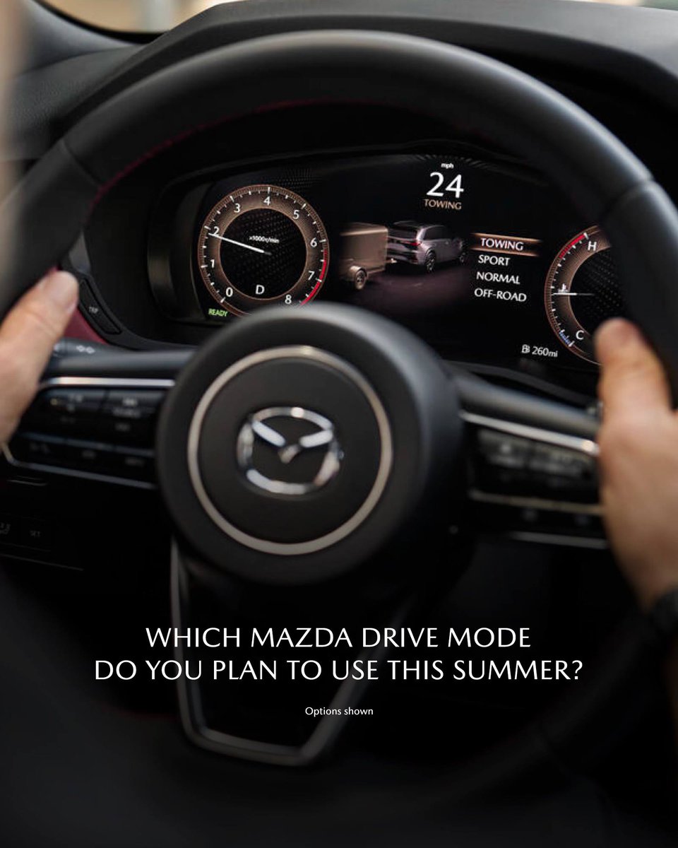 FieldsMazda's tweet image. No matter where you’re headed, there’s a Mazda Drive Mode to match your summer mood. Which drive mode do you plan to use this summer? #Mazda #DriveMode #FieldsMazda