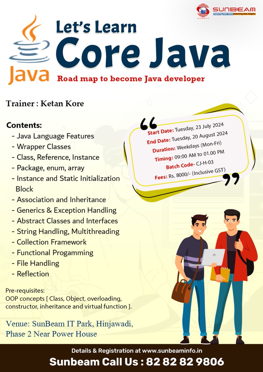 siitofficial's tweet image. Register for sunbeam's upcoming #corejava training which will provide you with the knowledge & skills necessary to produce excellent java code. 
sunbeaminfo.in/modular-course… 
#corejava #corejavatraining #onlinecorejavaclasses #onlinetraining #java #learnjava