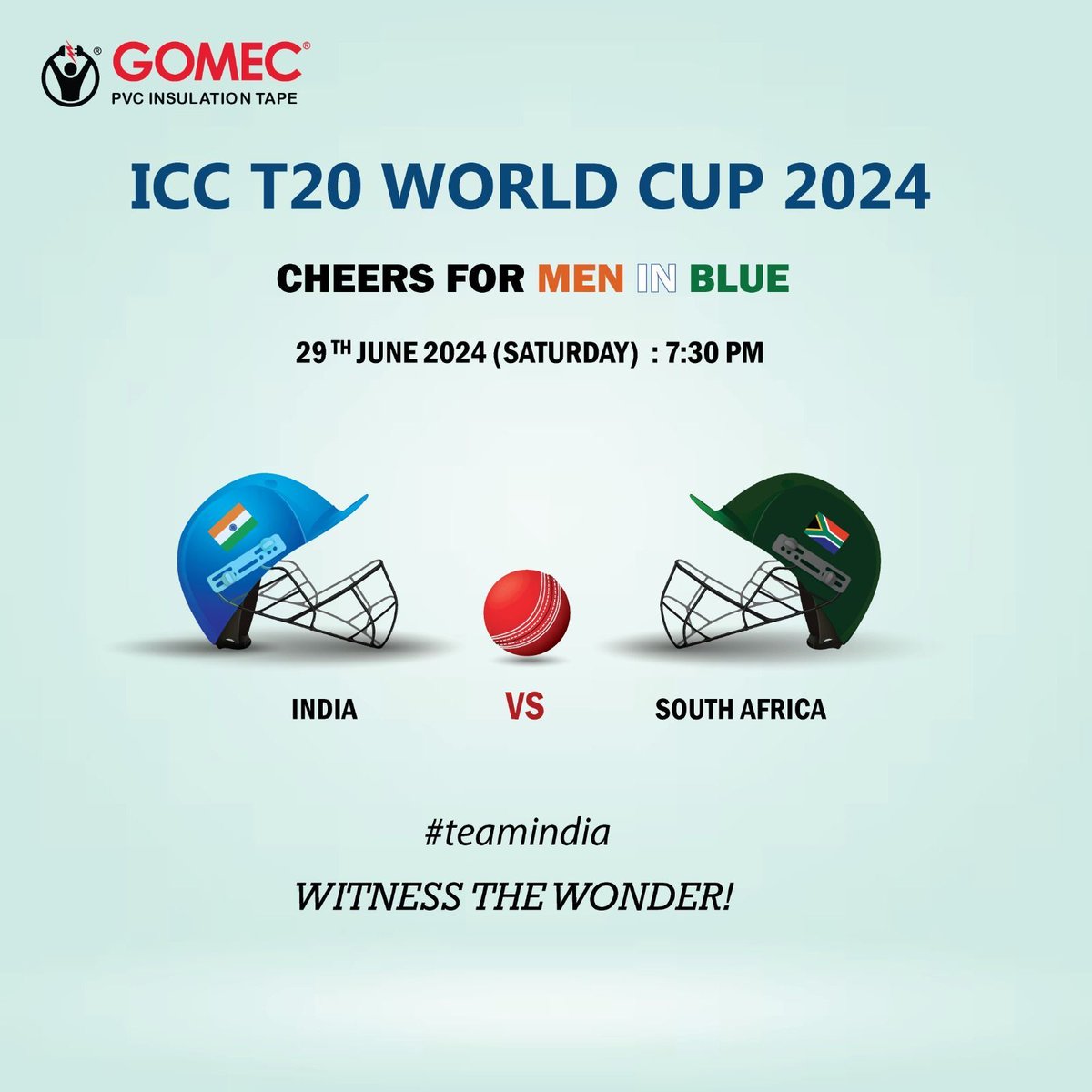 Gomec_ind's tweet photo. The ultimate showdown is here! Watch as India battles South Africa for the T20 World Cup title. Get your jerseys on and support Team India! 

pvcinsulationtape #gomec #rubbertape #TeamIndia #ICCT20WorldCup  #IndVsSA #WitnessTheWonder #gomec #saturday #finals https://t.co/0mKiZL2ZHm