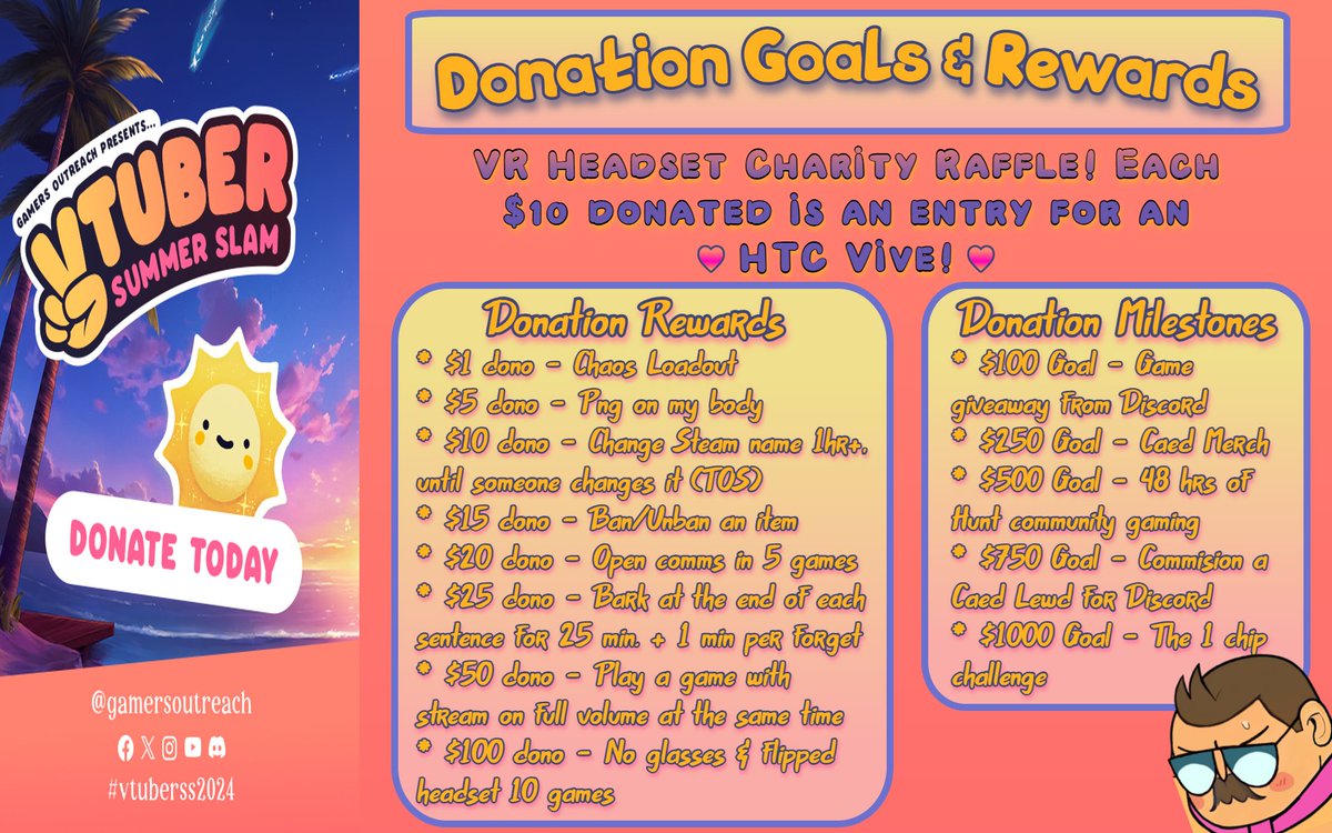 Going live for my 48 hour stream for #GamersOutreach #VTuberSS2024 ! We are raffling of an HTC Vive vr headset, as well as doing a list of rewards and goals! Come hop in, twitch.tv/CaedVT