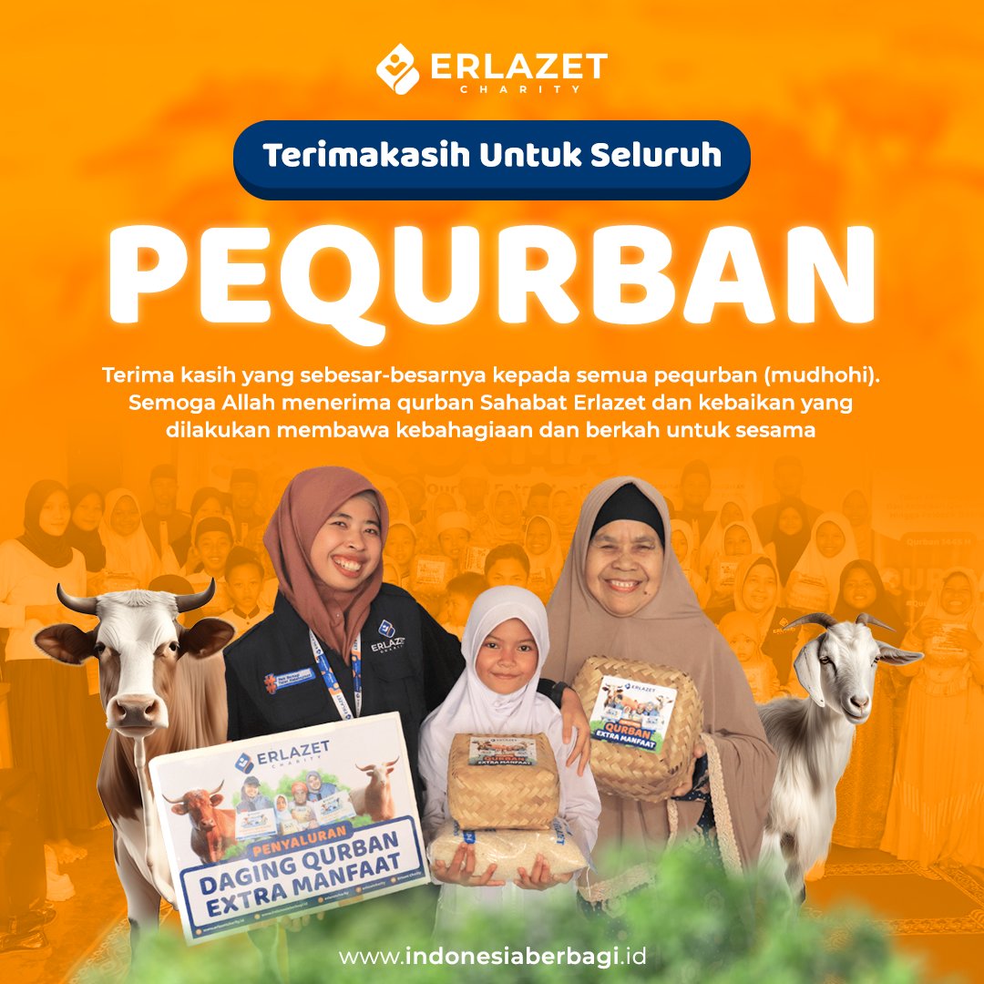 Alhamdulillah Sahabat Erlazet, program qurban di hari raya Idul Adha telah terlaksana dengan lancar.
Terimakasih Sahabat Erlazet yang sudah berqurban di Erlazet Charity, semoga Allah menerima qurban Sahabat, serta kebaikan yang Sahabat lakukan dapat membawa kebahagiaan aamiin 🤲