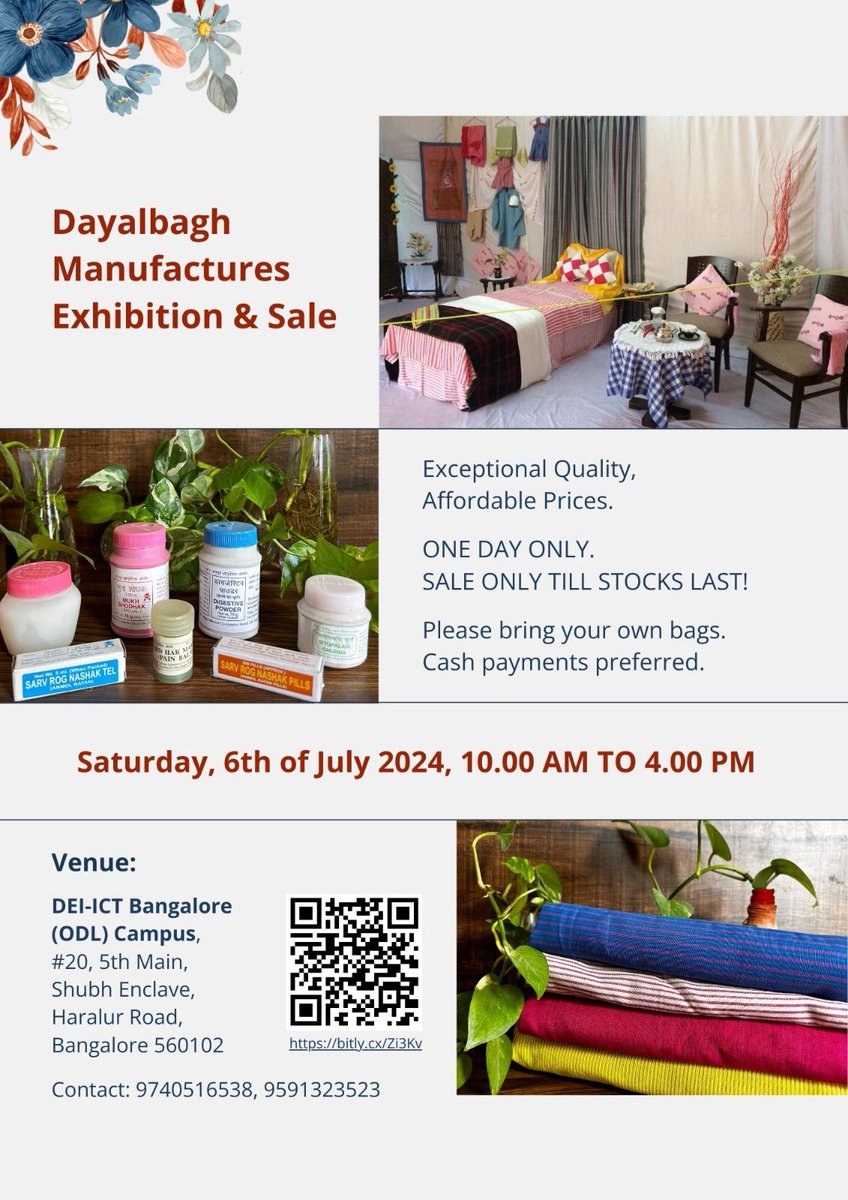 Dayalbagh Manufactures Exhibition on Saturday 6th July, 2024.

Venue:
DEI-ICT Bangalore (ODL) Campus,
#20, 5th Main, Shubh Enclave,
Haralur Road, Bangalore 560102