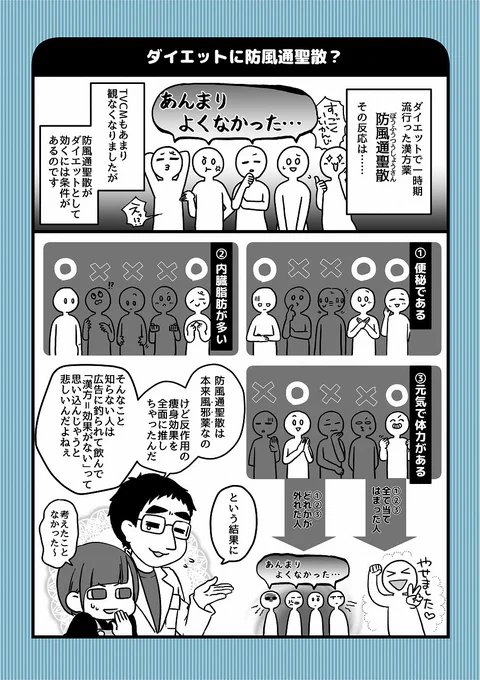 ダイエットに防風通聖散は正しい?
内臓脂肪に!と熱くCMされる処方ですが「凄い効いた!」という人と「効かなかった」「副作用が凄かった…」と感想がパックリ分かれるのは、ダイエット以外の要素を無視して選んでいるから。
漫画の内容以外にも判別するポイントがたくさん有るんです。 
