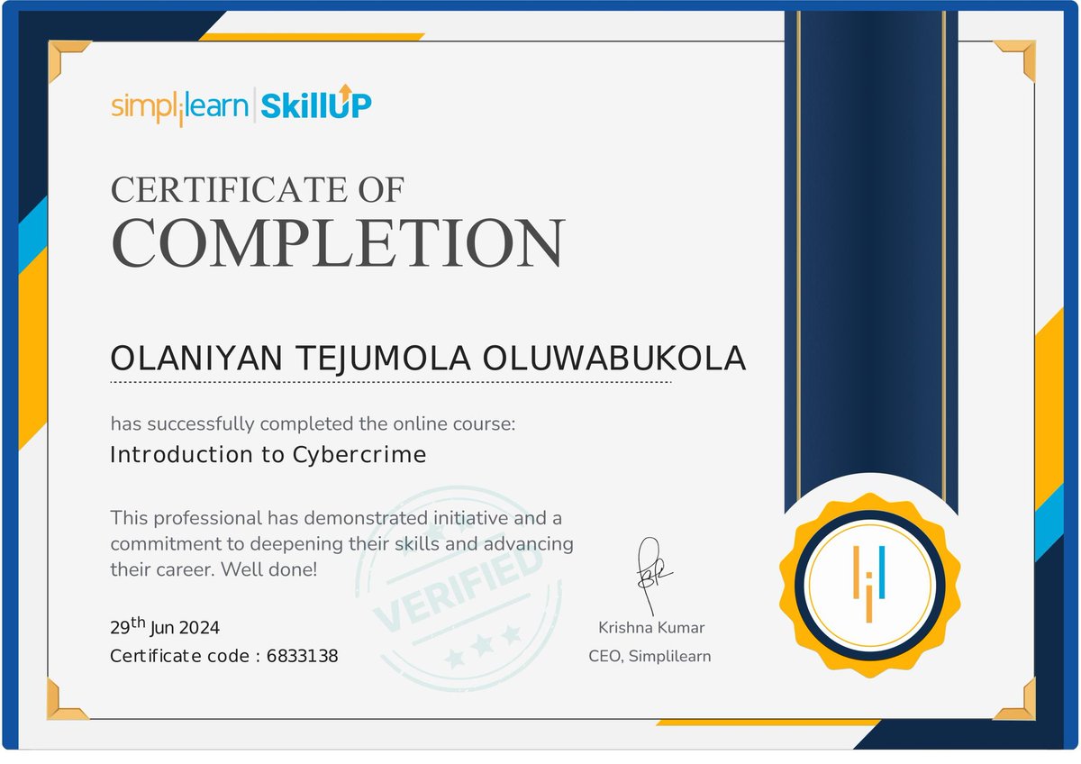 teejayxma22's tweet photo. https://t.co/RCrbttNh54

 Thank you, #SkillUp by #Simplilearn 🙌 
 📢 I am super excited to share that I’ve just completed Introduction to Cybercrime. 🎓

 I had a great experience learning industry aligned skills of Software Development 

 I’d recommend #SkillUp by #Simplilearn https://t.co/i7HwvIGX6O