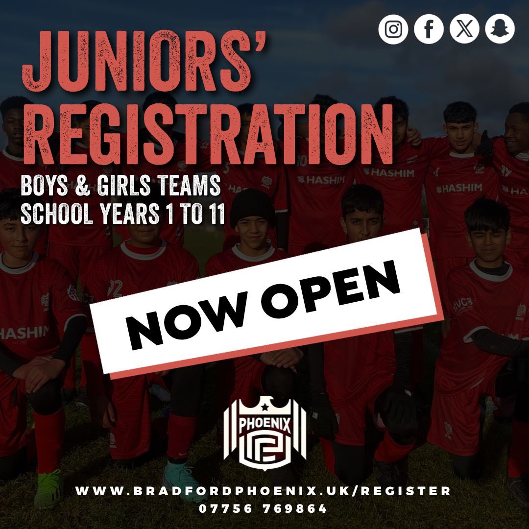 🚨 Registration NOW open for the 24-25 Season. Join one of the largest clubs in Bradford. Play and train on the best facilities and environment. 

Register TODAY… 

📆Traininf restarts on Saturday 6th July
🏟️Laisteridge Lane, BD5 0NH 
🔗bradfordphoenix.uk/register

#football