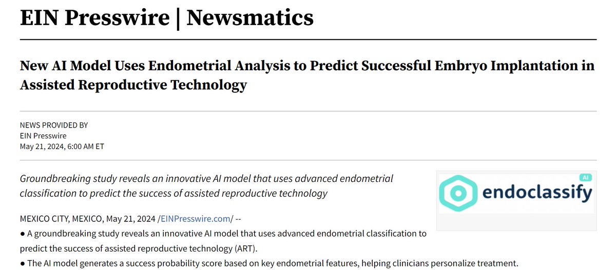 ITBusinessCompa's tweet image. New AI Model Uses Endometrial Analysis to Predict Successful Embryo Implantation in Assisted Reproductive Technology

ktla.com/business/press…