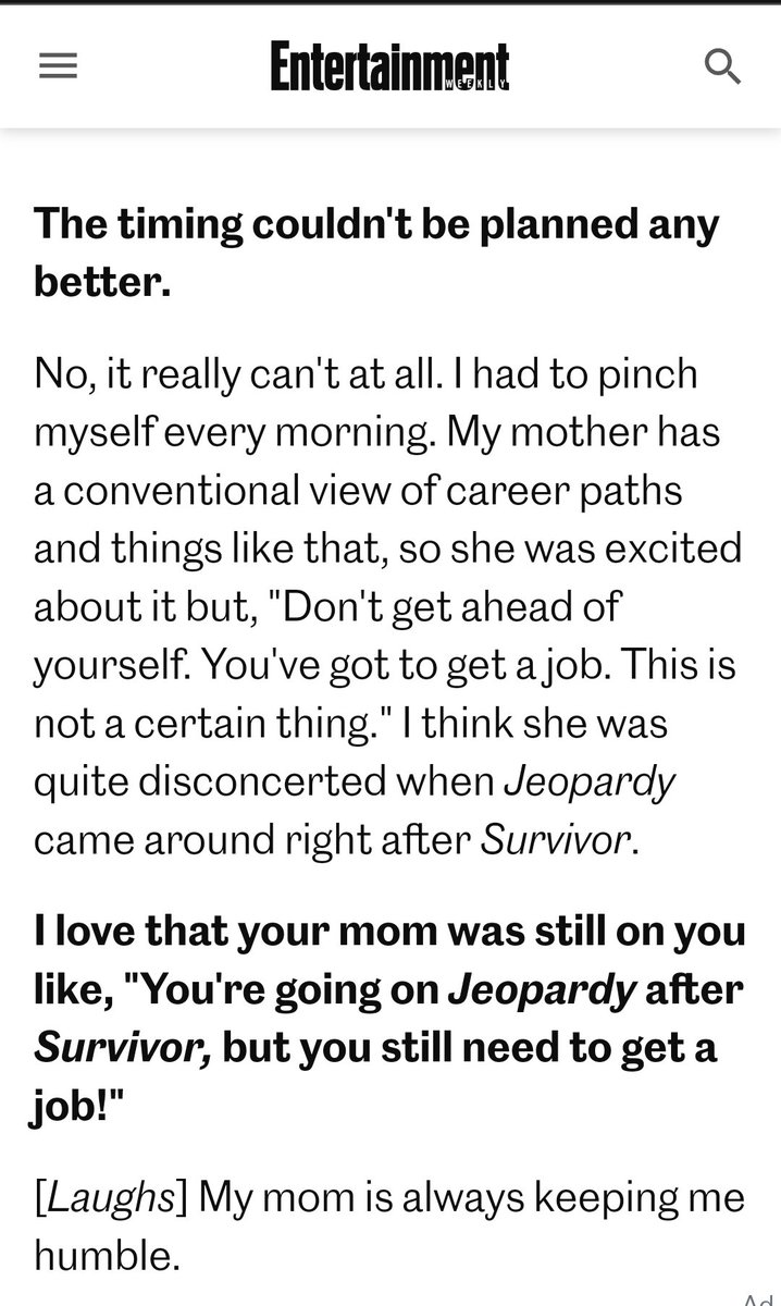 evacoon's tweet image. I agree with your mother!  I want @austinlicoon to listen to her as well! 😂  But congratulations on your great run on Jeopardy!  Even though I couldn't answer 99.9% of the questions, it was so fun to watch you, very impressive!  Can't wait to watch you compete on TOC! 🥰