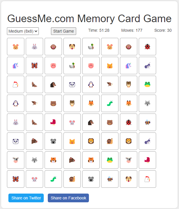 I just scored 30 points in the Memory Card Game! Can you beat my score? Visit GuessMe.com website.