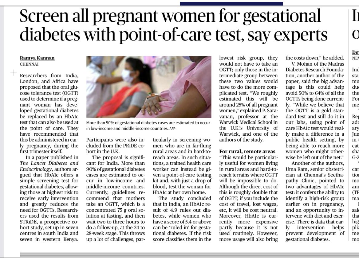 drumaram_ram's tweet image. Write-up @the_hindu @ramyakannan on the  STRiDE study from India, Kenya and UK to develop a composite risk score using early pregnancy HbA1c to &quot;rule in&quot; or &quot;rule out&quot; women who develop #GDM  @ponnsara @drmohanv @DrTarakeswari @yashdeepgupta
