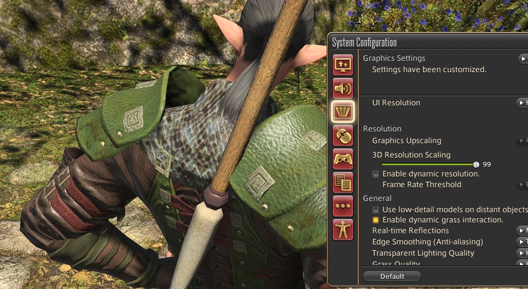 テクスチャがぼやけて見えるのが嫌いな人は、これを試してみてください。

グラフィックスアップスケールタイプ：AMD FSR
3Dグラフィックス解像度スケール： 100 → 99

source : reddit.com/r/ffxiv/commen…