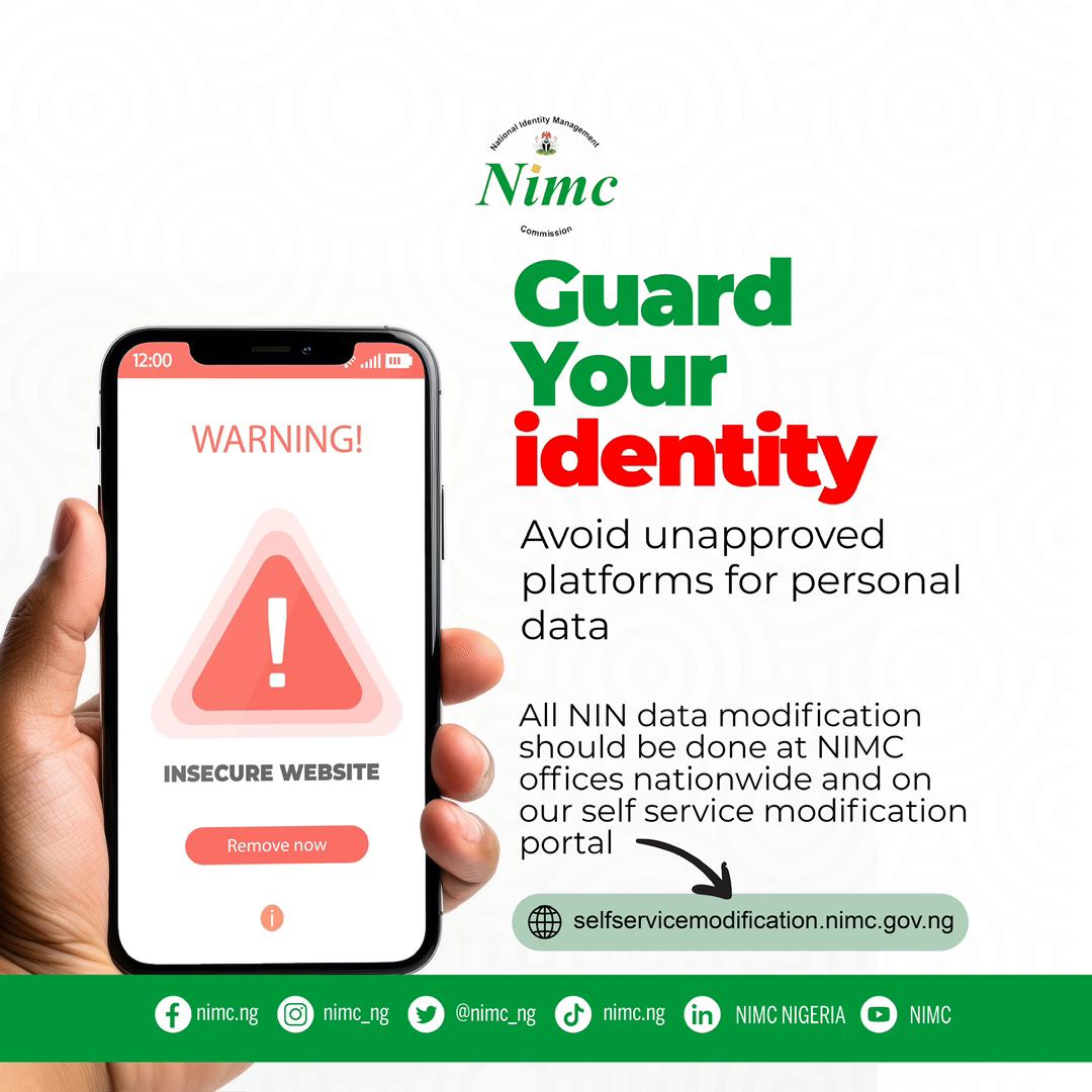 abeegunde1's tweet image. Secure your personal information off unverified platforms
All #NIN data modifications
should be done at @nimc_ng
offices nationwide or on
our #SelfServiceModification portal at:
selfservicemodification.nimc.gov.ng
#NIMC2024