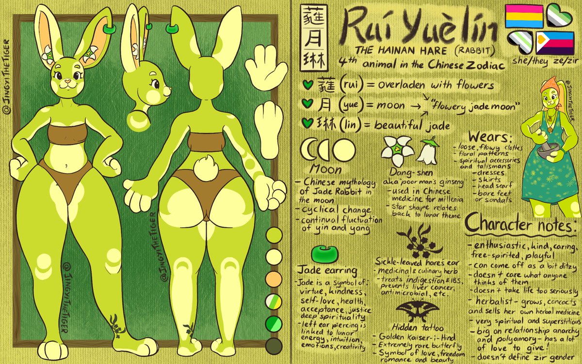 Re-introducing Ruí-Yuèlín! Representing the rabbit, the 4th gal in my Chinese Zodiac fursona series! 🐰🌼💚🌙 

#furryrefsheet #bunnyfursona #rabbitfursona