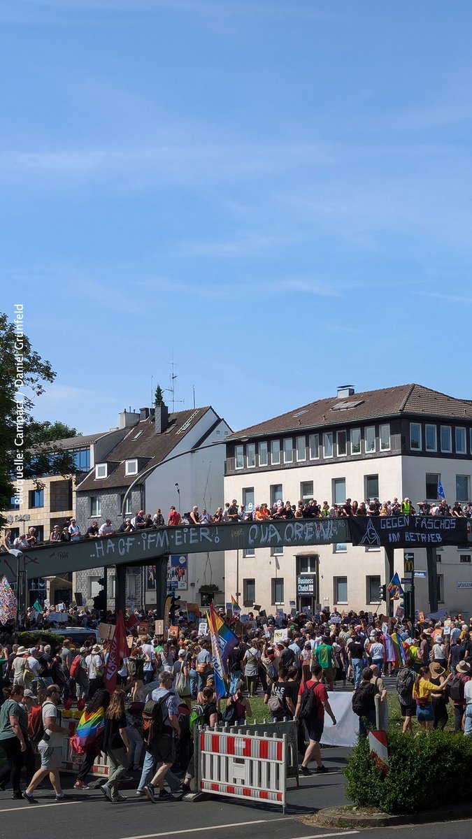 eine sehr große Gruppe bunter Menschen, die friedlich demonstrieren, und diverse Flaggen und Banner und Plakate tragen