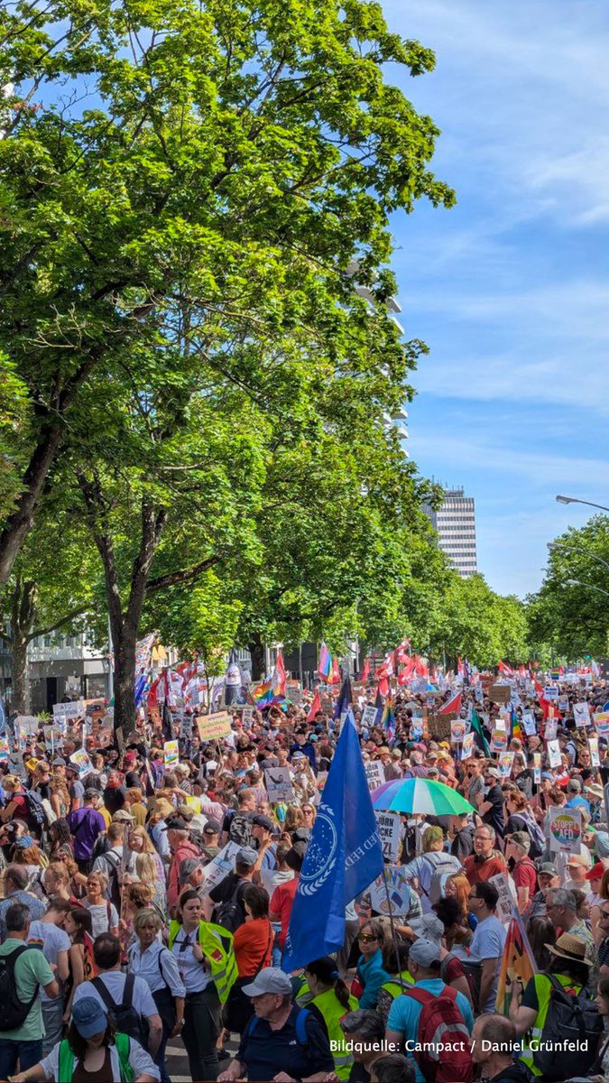eine sehr große Gruppe bunter Menschen, die friedlich demonstrieren, und diverse Flaggen und Banner und Plakate tragen