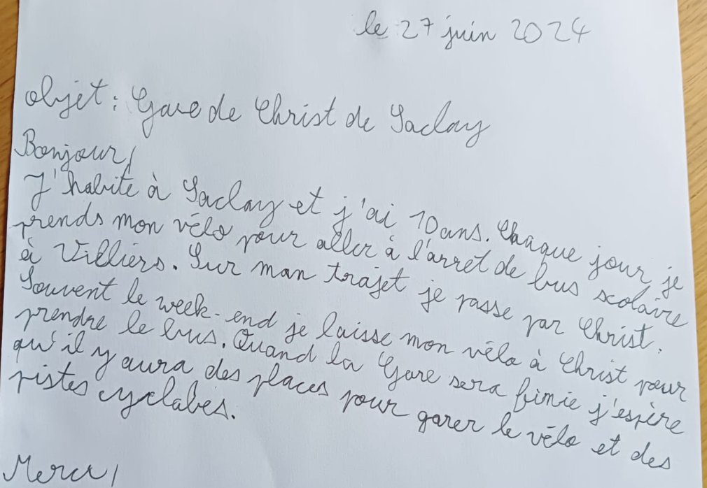 MDB_Saclay's tweet photo. Voici le témoignage de notre fils (10 ans), qui passe le Christ de Saclay en vélo chaque jour. @MDBIDF https://t.co/kI71UK9OAO