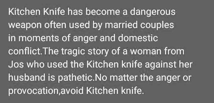 Human beings are bound to Conflicts.And Conflicts arises wherever humans resides.
May we not be the parpetrators nor victims of kitchen knife.  
May Almighty Allah grant us the wisdom and strength to handle whatever situations at hand without resorting to any regrettable act.