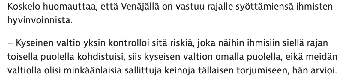 MartinScheininF's tweet photo. 9/Laki ei loukkaisi Suomen ehdottomia ihmisoikeussopimusvelvoitteita, koska sen kohteena olevat ihmiset eivät olisi Suomen jurisdiktion (oikeudenkäytön) piirissä. Moraalinen ongelma jäisi: ketään ei "pantaisi" heitteille mutta "jätettäisiin" heitteille Venäjän puolella. Koskelo: https://t.co/PgvXxV35jJ