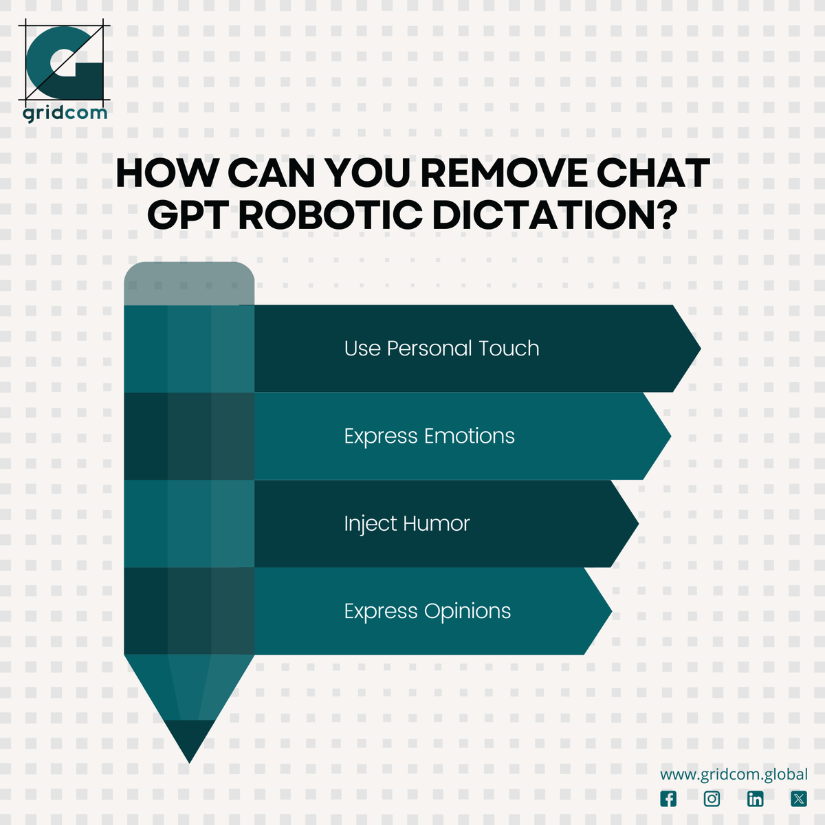 Gridcom_Global's tweet photo. 🤖 Want to make your writing more human?
Here’s how to ditch the robotic dictation!
What’s your go-to tip for adding a personal touch? 📝
#Gridcom #WritingTips #PersonalTouch #HumanizeYourContent https://t.co/FNgzjf9NEQ