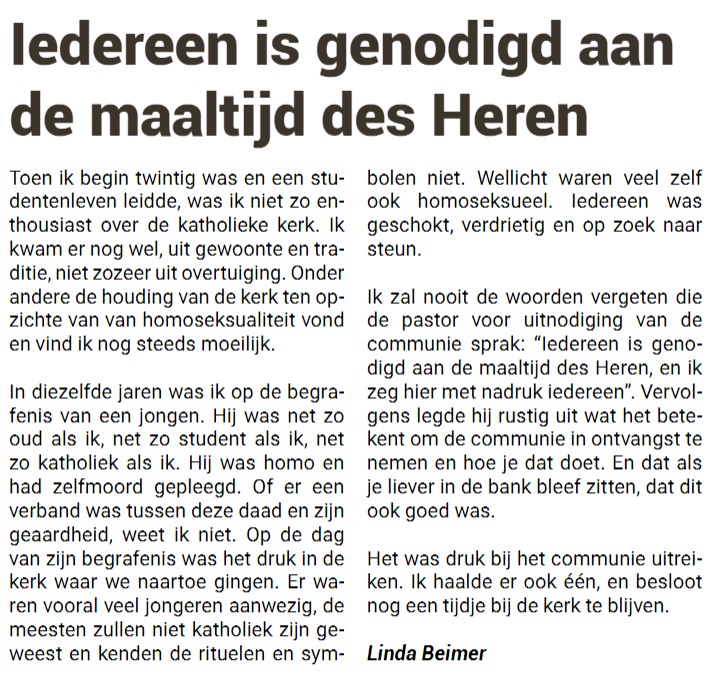 Af en toe schrijf ik een korte column voor het katholieke katern van 'Rondom Haaksbergen'. Deze week over homoseksualiteit in de kerk.
