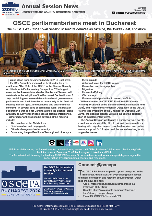 oscepa's tweet image. #OSCEPABucharest24 Annual Session News Day 1 is out! Be sure to follow all the news from Bucharest over the next several days in our daily newsletter ▶️ oscepa.org/en/documents/a…