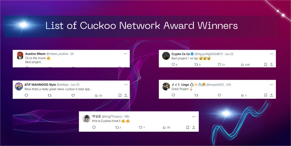 🥰#CuckooNetwork announces: CK token will be launched on July 5th

♾ Countdown begins! Only 6 days left until July 5th! 🔥

🎉🎉This event has ended successfully. Let us congratulate these 5 lucky users. Cuckoo Network will continue to work hard to bring more welfare activities