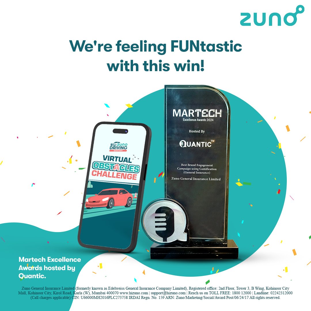 hi_zuno's tweet photo. We won 'Best Brand Engagement Campaign using Gamification (General Insurance)' at the Martech Excellence Awards for our Dodge The Obstacles challenge! 🎉 Click on the link and take the challenge now!
https://t.co/Rc8ITR6uCd
#ZunoAndChill #ARFun #ZunoGeneralInsurance https://t.co/ZmbWjngq2s